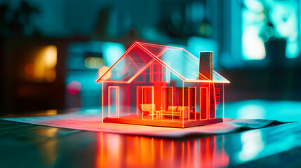 A model of a house with lights on it. - obrazy, fototapety, plakaty