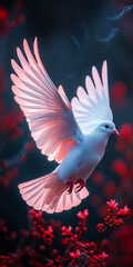 A white dove flying in the air with red flowers. - obrazy, fototapety, plakaty
