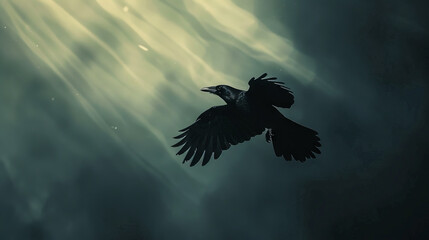 A black crow flying through the sky with light shining through. - obrazy, fototapety, plakaty