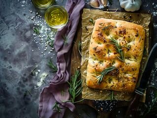 A loaf of bread with herbs and garlic on a cutting board. - obrazy, fototapety, plakaty