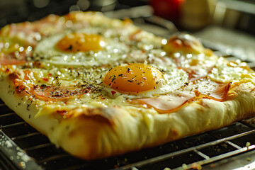 A pizza with eggs on it. - obrazy, fototapety, plakaty