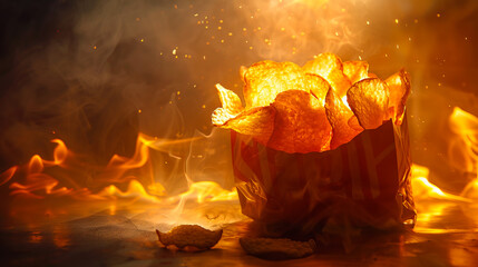 A bag of chips on fire. - obrazy, fototapety, plakaty