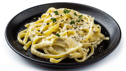 A black plate with pasta and parsley on it. - obrazy, fototapety, plakaty