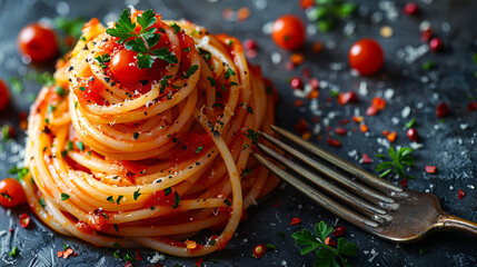 A plate of spaghetti with tomatoes and herbs. - obrazy, fototapety, plakaty