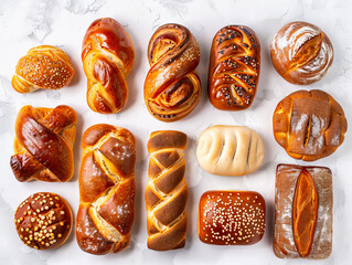 A variety of breads and rolls are shown on a white surface. - obrazy, fototapety, plakaty