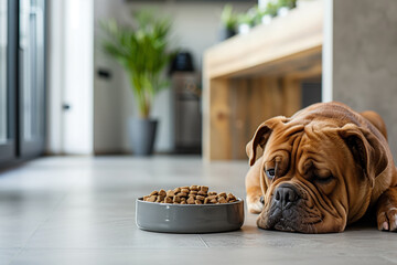 Dog lying beside bowl of food, fat sad bulldog in the kitchen