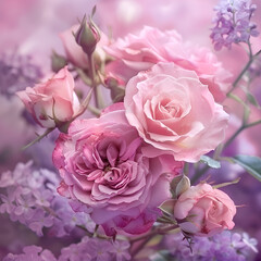 Fototapeta premium Roses in pink and lilac Copy Space Roses in pink Pink and Lilac Roses with Copy Space