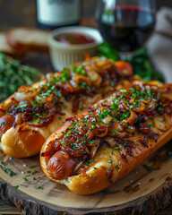 Two hot dogs with onions and herbs on a wooden board. - obrazy, fototapety, plakaty