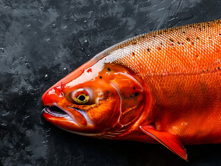 A large red fish on a black surface. - obrazy, fototapety, plakaty