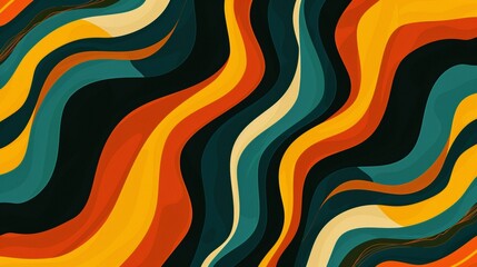 70s retro groovy background vector presentation design, minimal flat illustration of colorful waves pattern with stripes and shapes in yellow orange blue green on black background.