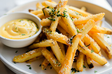 A plate of french fries with mustard sauce. - obrazy, fototapety, plakaty