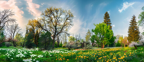 Panoramic landscape with multicolor spring flowers Scenic Floral Panorama in Spring