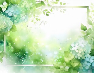 Fototapeta premium 水彩テイストの緑の紫陽花のフレーム