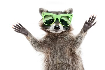 a raccoon wearing green sunglasses is standing on its hind legs with its arms outstretched