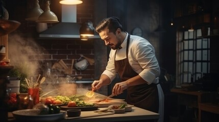 A handsome restaurant chef cooks alone at night in a modern kitchen.