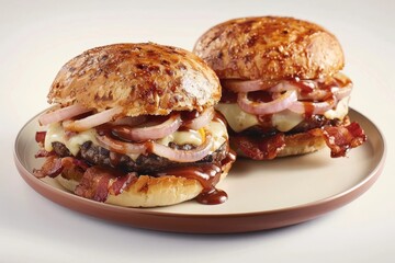 Tempting Burger with Crispy Onion Rings, Caramelized Onions, and Chipotle BBQ Sauce