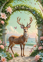 a majestic deer with intricate antlers and a cute rabbit in a fantasy nature scene framed by an arch of lush greenery with blooming flowers
