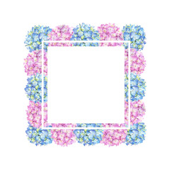 Wreath with blue and pink  hydrangea on a white background. Watercolor illustration of summer flowers in botanical style.