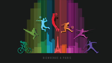 Great editable vector file of international multisport festival with players silhouette in the front of paris skyline with classy and unique style best for your digital design and print mockup