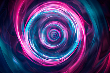 Hypnotic neon spiral vortex in shades of pink and blue. Mesmerizing artwork on black background.