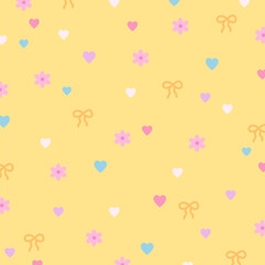 Illustration of heart, ribbons, flowers on a pastel yellow background for floral print, girly pattern, kid clothes, gift wrap, packaging, fabric, wallpaper, backdrop, women textile, garment, dress, ad