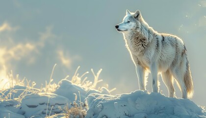 A majestic arctic wolf standing atop a snowcovered hill, surveying its territory with regal confidence