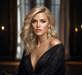 portrait of a captivating woman with blond hair, full makeup, Black eyeliner and huge earrings