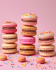Stacks of colourful Macarons on a Pink Background

