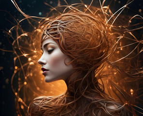 Intricately woven copper wires as a hair of a woman