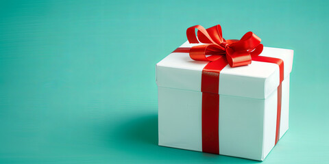Obraz premium a white gift box with a red ribbon on a blue background, generative AI