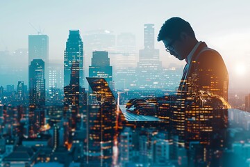 Business finance and investment concept. Double exposure of businessman working on laptop computer and the city, office buildings for business and financial technology background