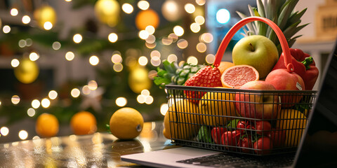 A person is showing a shopping cart with fruits and vegetables in it in the style of bokeh...