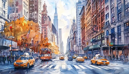 Depict a busy city street lined with skyscrapers and bustling with professionals during rush hour