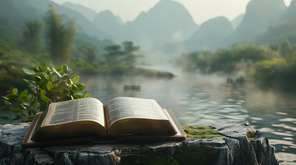 A Bible on a stone stand in the middle of beautiful nature. Generative AI illustration 
