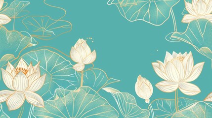 A lotus pattern background with white and gold lines in the vector illustration style, turquoise blue gradient background, flat design, in the style of Chinese painting.