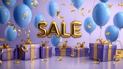 Golden SALE Balloons Amidst Blue Balloons and Gift Boxes in a Festive Setting