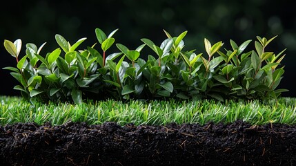 Growing plants from the rich soil up through the green grass towards the light