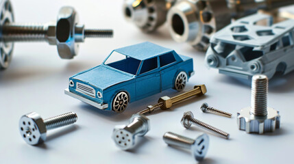 Four of mechanic instruments and paper car on white background