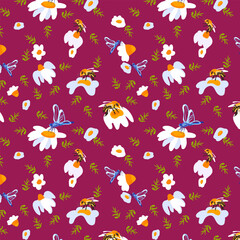 Seamless pattern daisy dragonfly Burgundy background postcards posters banners Spring summer fabric clothing Suitable wrapping paper wallpaper Textile template Vector
