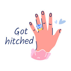 Handy flat sticker depicting got hitched typography 