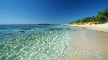 Nature and Landscapes Beach: A photo of a sandy beach with crystal-clear water, blue sky