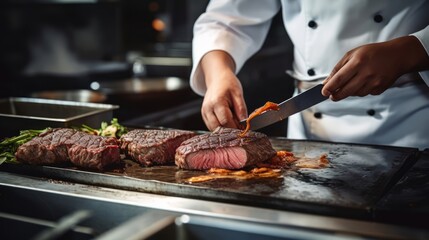 Hands of a male chef preparing juicy steaks of medium-rare beef near the stove in a modern restaurant kitchen - Powered by Adobe