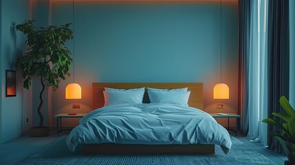 Cozy Modern Bedroom with Ambient Lighting and Indoor Plants
