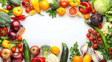 Frame made of healthy vegetables and fruits on white b