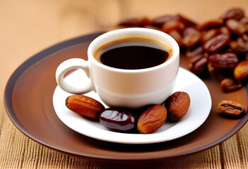 A cup of coffee and a plate of dates in the wooden table