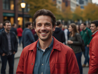 Naklejka premium Cheerful Businessman in Casual Attire A Vibrant Outdoor Portrait on a Bustling Street