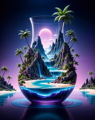 Glass vase with miniature island, palm trees and waterfall. Generative AI
