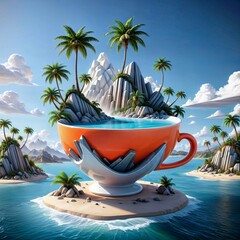 An orange coffee cup sits on an island,  has mountain and palm trees inside it. Generative AI