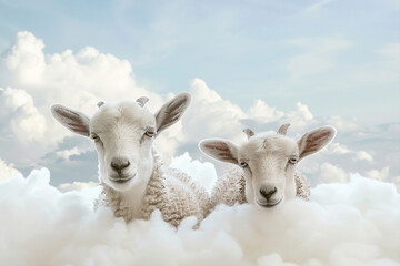 Fototapeta premium Goats on white background with clouds. Eid ul adha concept 