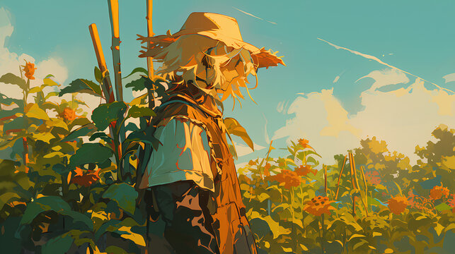 Scarecrow during harvest season, anime style